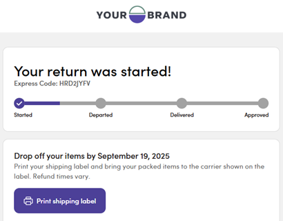 Example label download link presented after starting a return 