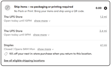 Example return options in a return portal